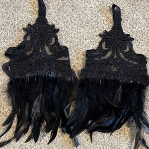Black Lace and Feather wrist wrap gloves